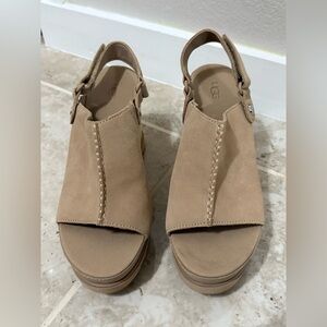 UGG Women's Abbot Suede Wedge Slingback Sandals in the tan color (Size 10).